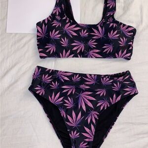 Pink and Black Leaf Print Bikini Set